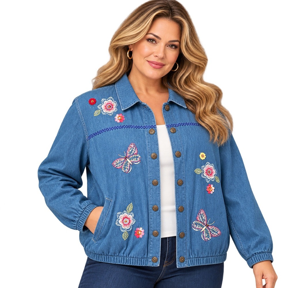 Alfred Dunner Womens 20 Blue Denim Jacket Butterfly Floral Embroidered Beaded